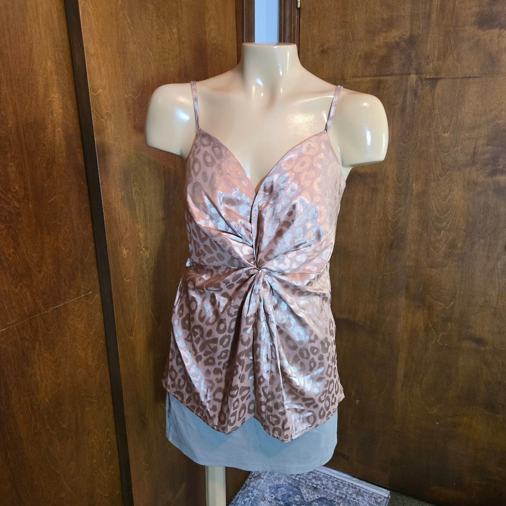 ANDTHEWHY Womens Camisole Top Rose Gold Leopard‎ Twist Front Small Metallic New